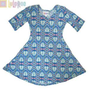 LuLaRoe Girls Size 2 Blue & Pink Geometric Print swing twirl Dress 3/4 sleeve